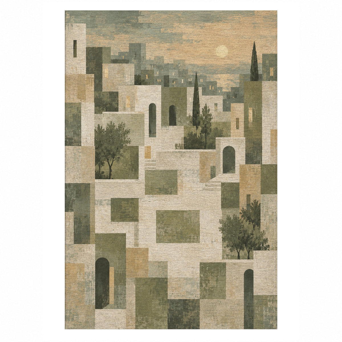 Urban Courtyard Sage Modern Washable Rug — top view