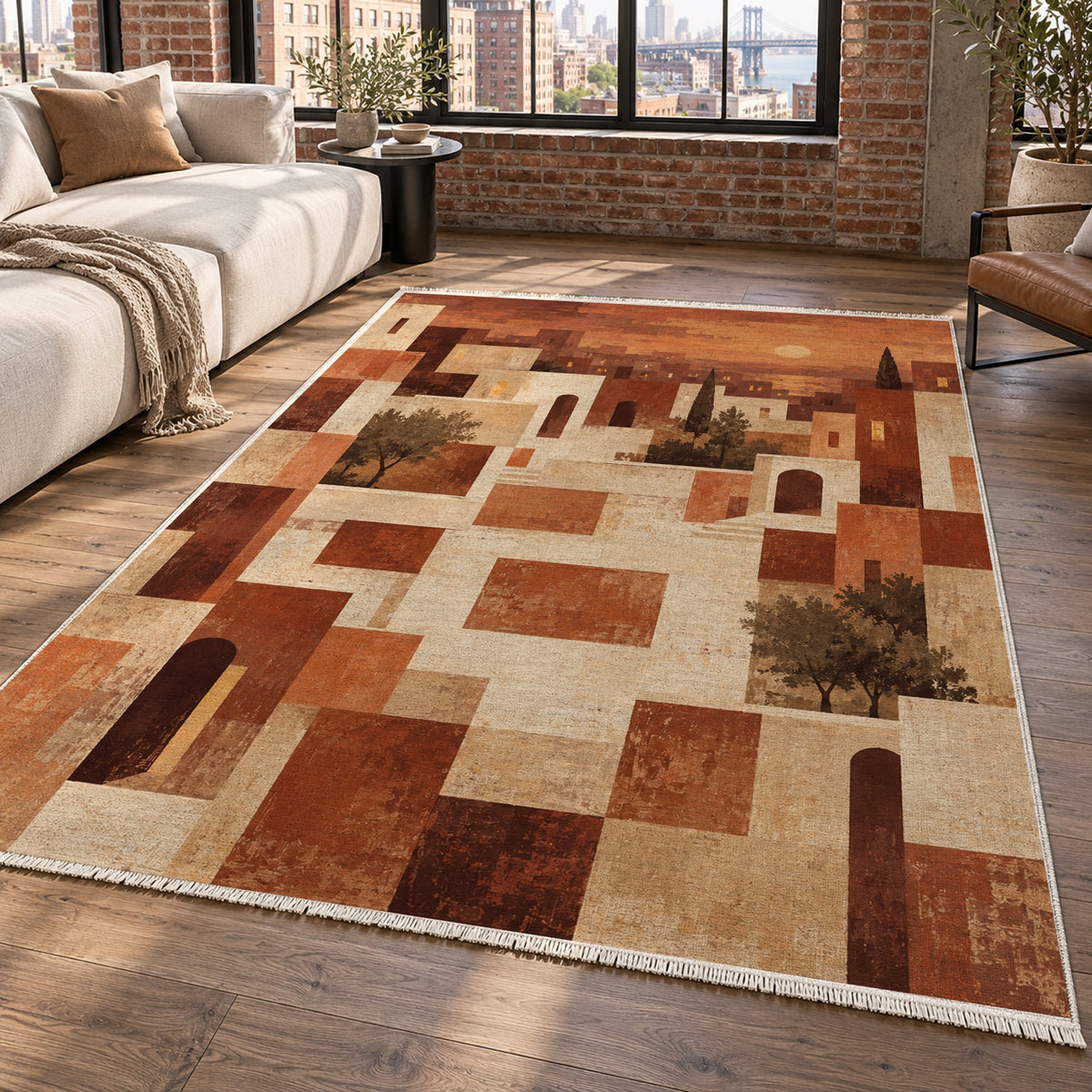 Urban Courtyard Terracotta Modern Washable Rug — new york living