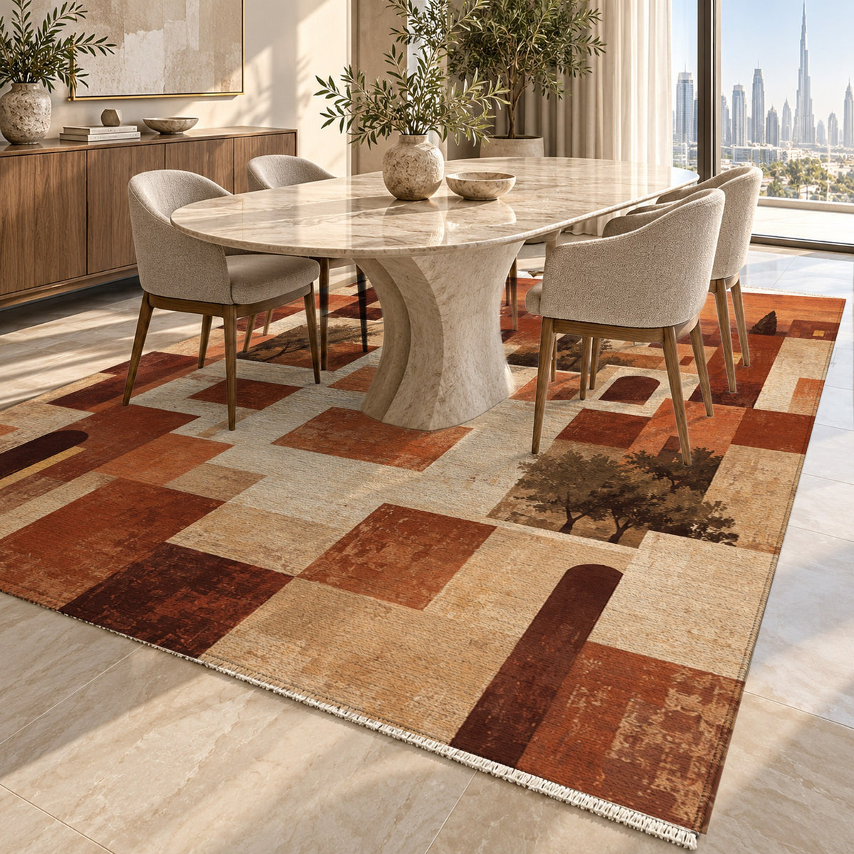Urban Courtyard Terracotta Modern Washable Rug — dubai dining