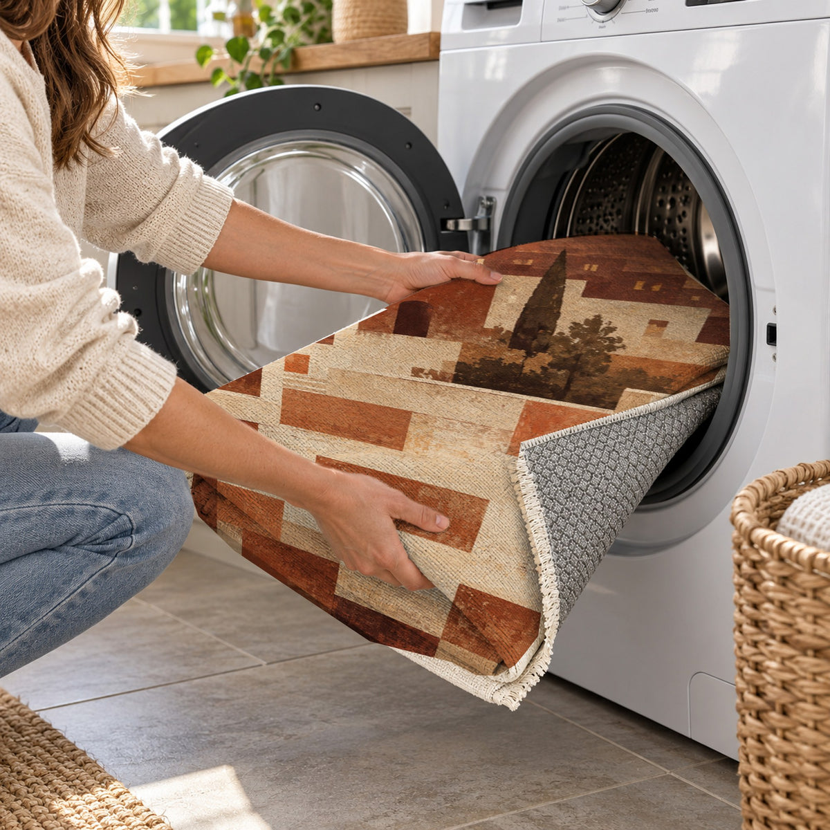 Urban Courtyard Terracotta Modern Washable Rug — washing machine