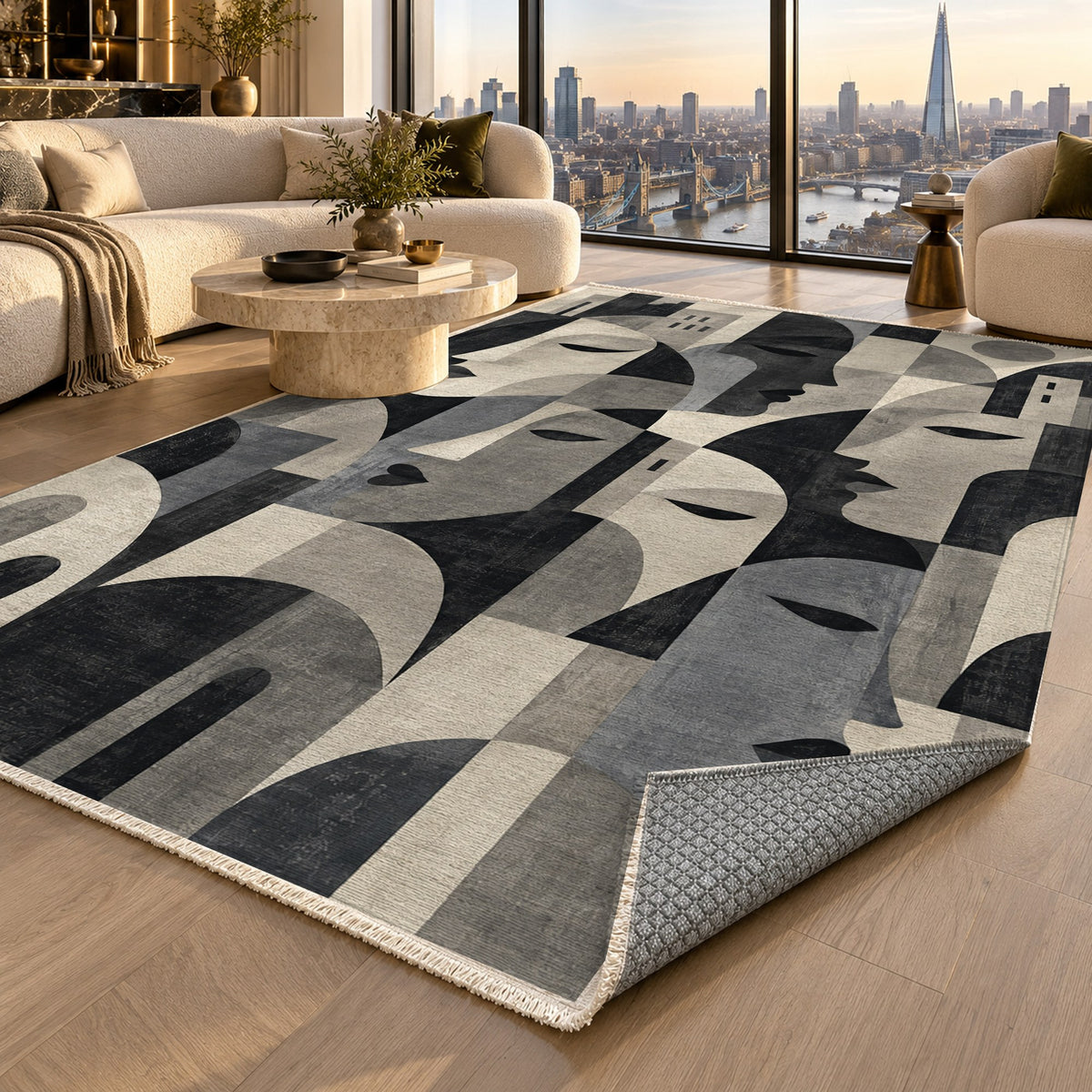 Urban Faces Charcoal Abstract Washable Rug — london luxury living