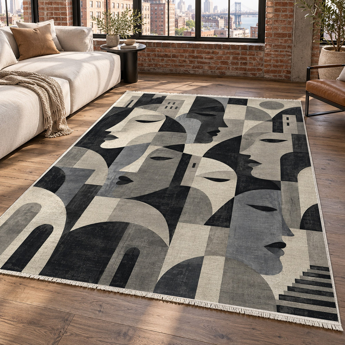 Urban Faces Charcoal Abstract Washable Rug — new york living