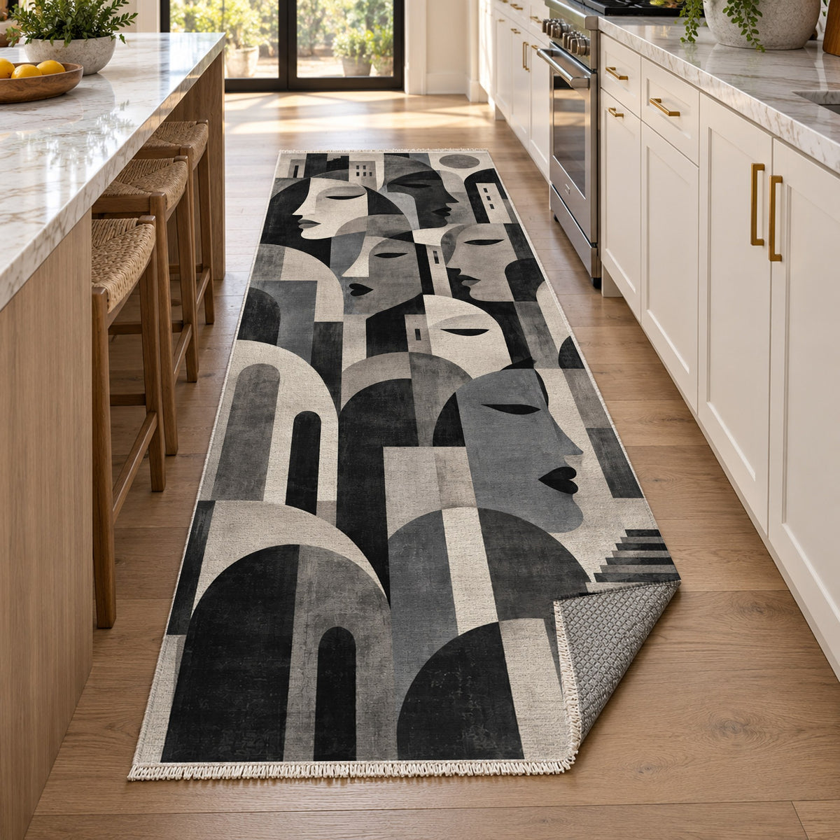 Urban Faces Charcoal Abstract Washable Rug — new york kitchen runner
