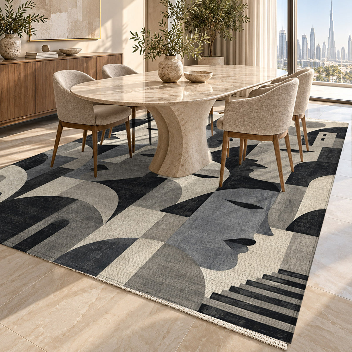 Urban Faces Charcoal Abstract Washable Rug — dubai dining
