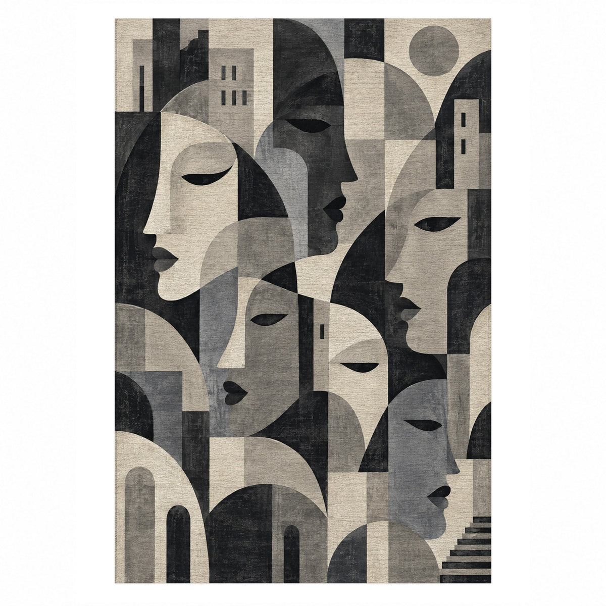 Urban Faces Charcoal Abstract Washable Rug — top view