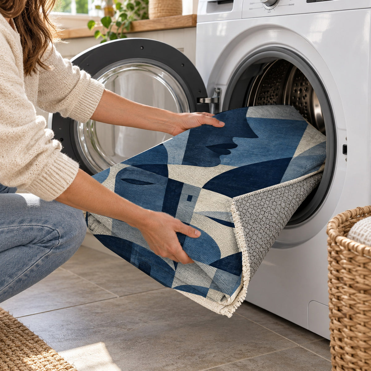 Urban Faces Indigo Abstract Washable Rug — washing machine