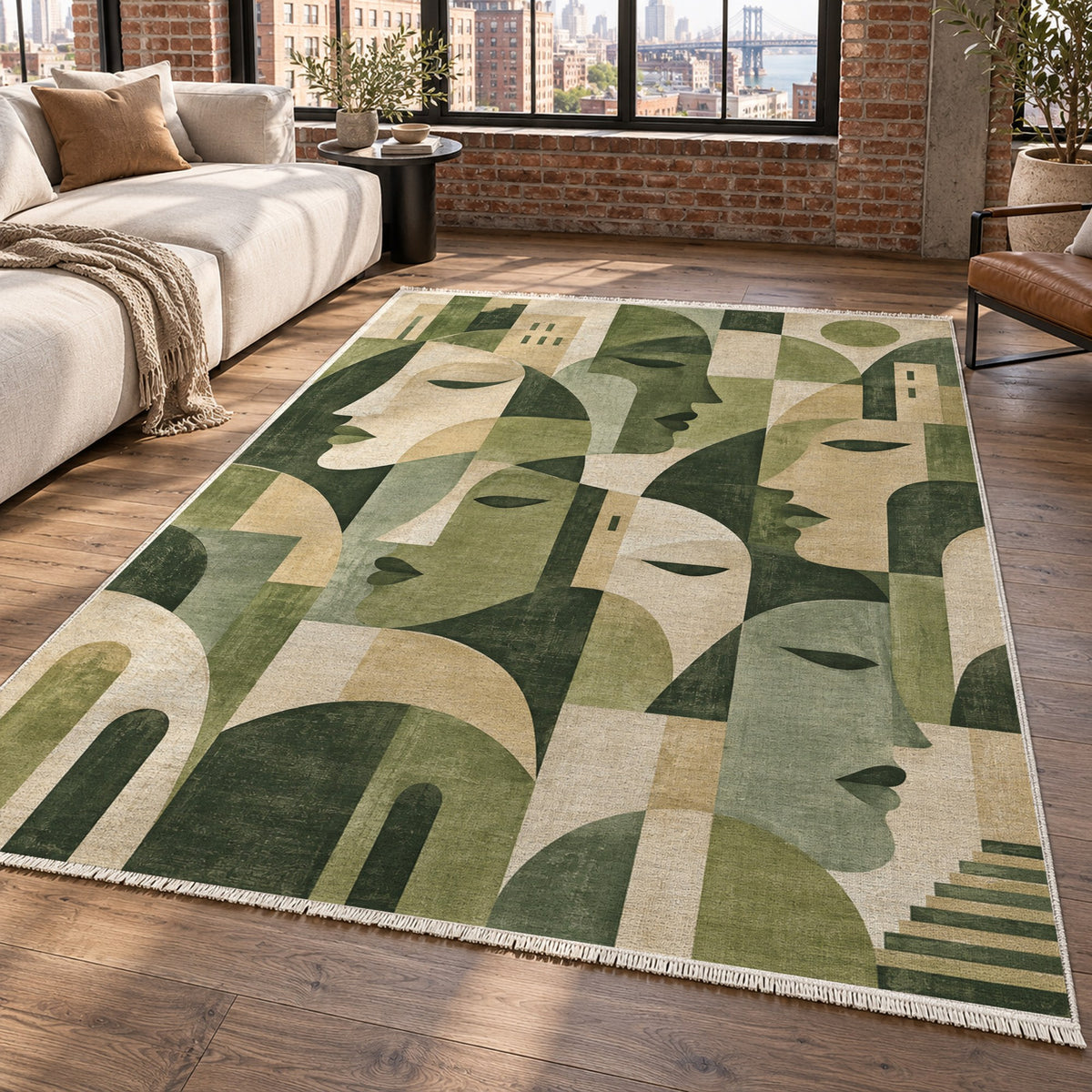 Urban Faces Sage Abstract Washable Rug — new york living