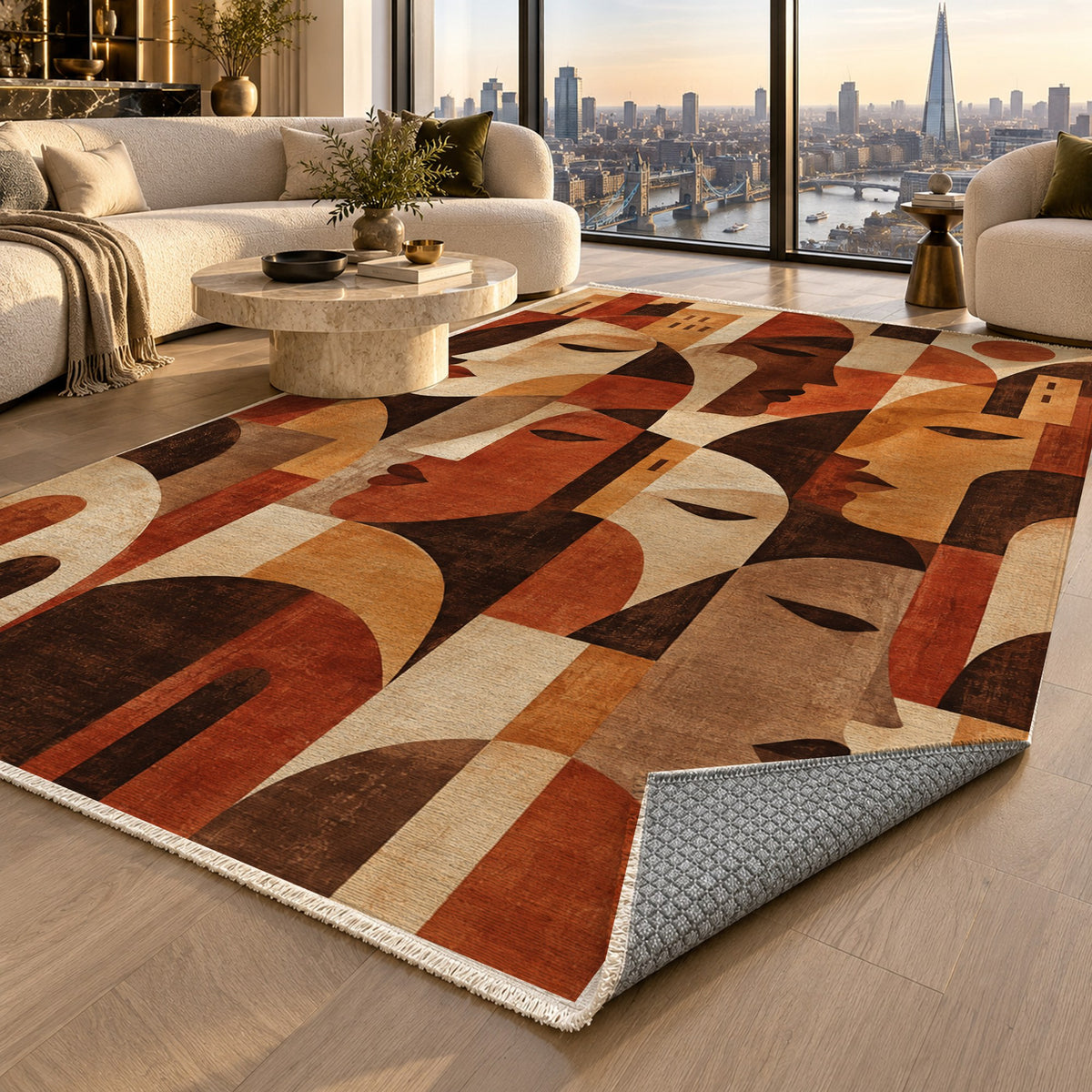 Urban Faces Terracotta Abstract Washable Rug — london luxury living