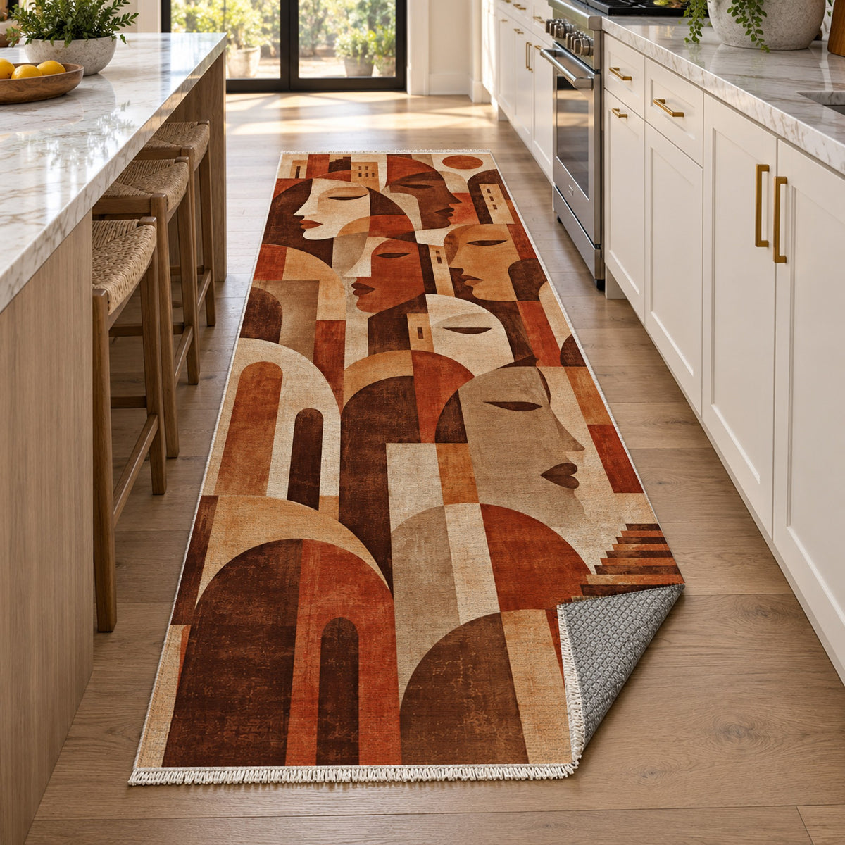 Urban Faces Terracotta Abstract Washable Rug — new york kitchen runner