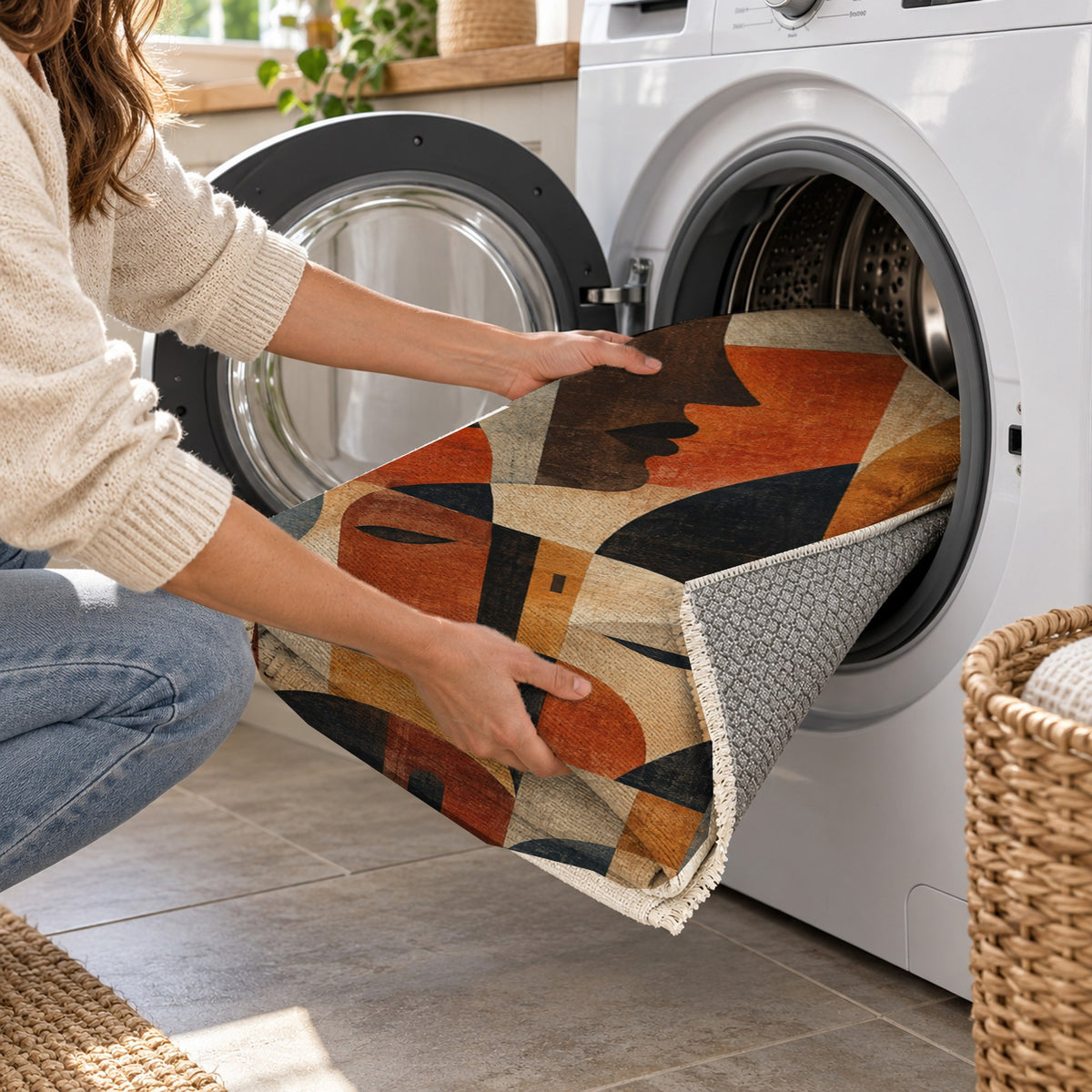 Urban Faces Abstract Washable Rug — washing machine