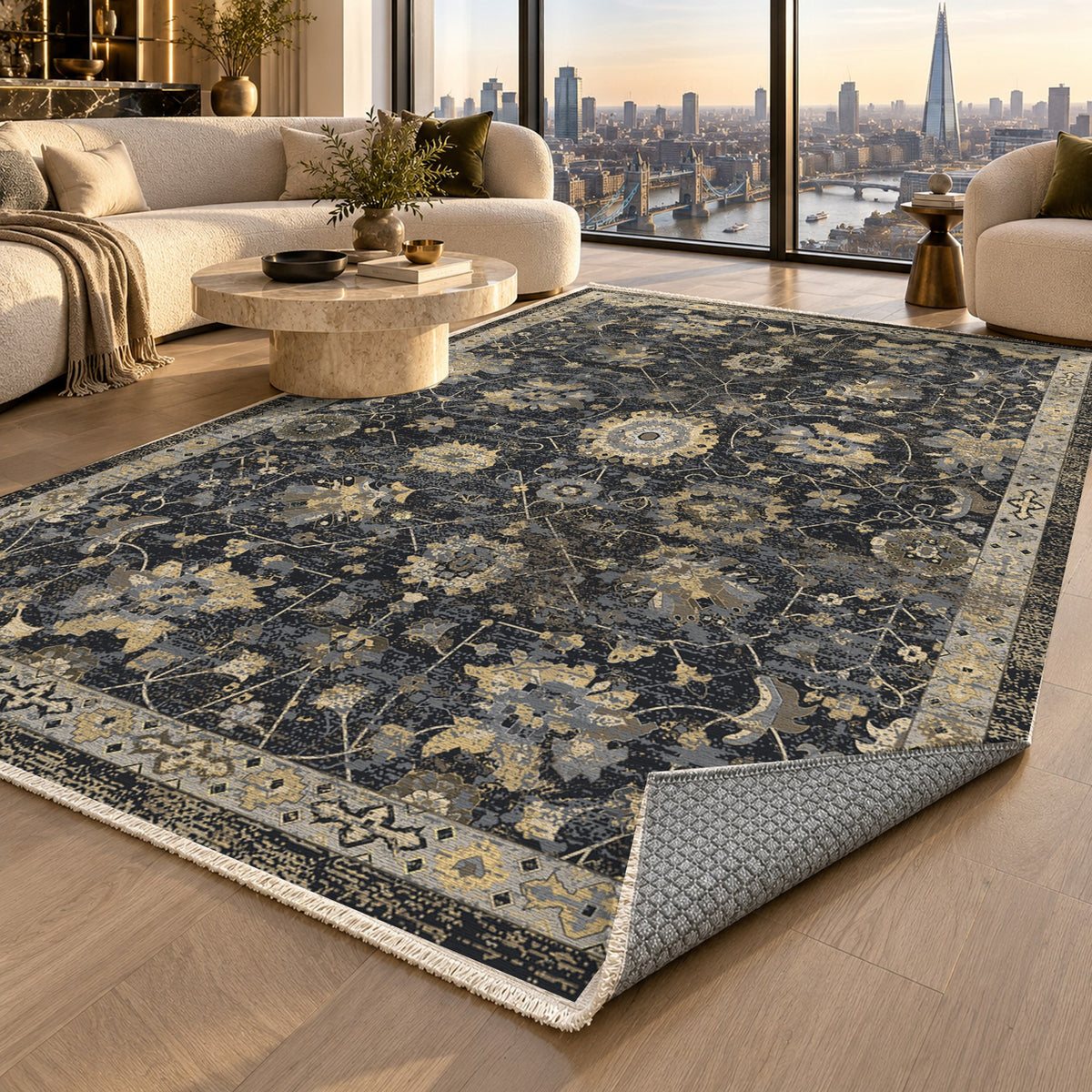 Ushak Black Classic Washable Rug — london luxury living