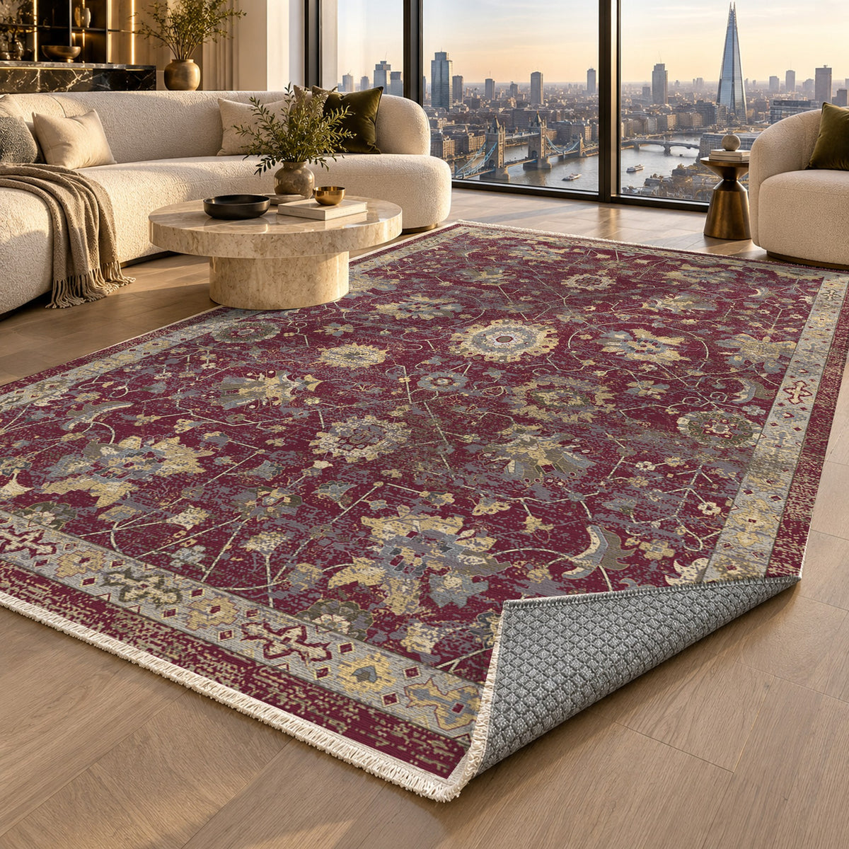 Ushak Burgundy Red Classic Washable Rug — london luxury living