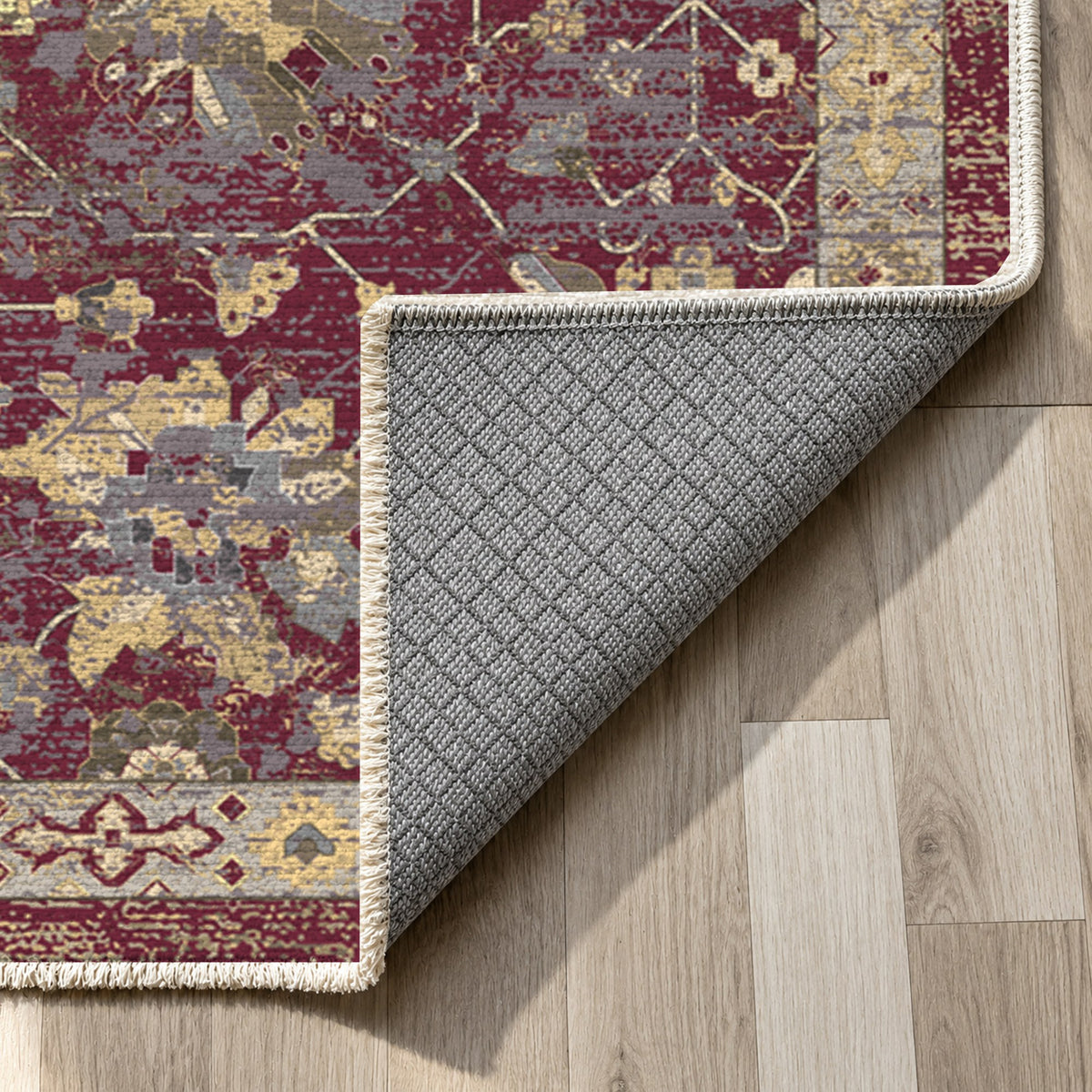 Ushak Burgundy Red Classic Washable Rug — backing close up