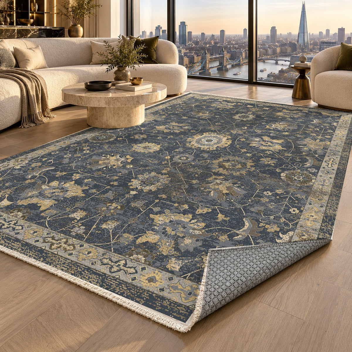 Ushak Charcoal Classic Washable Rug — london luxury living