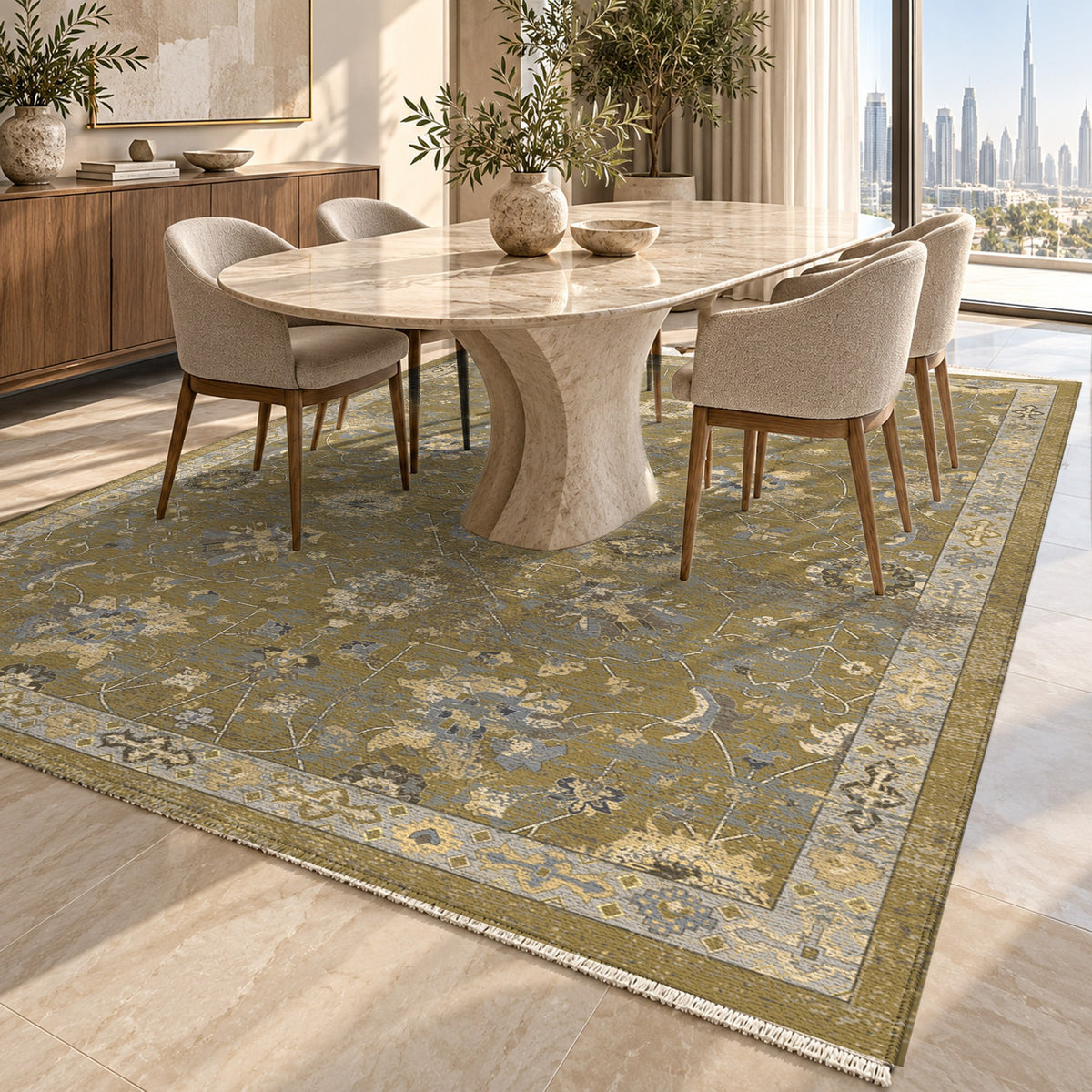Ushak Muted Gold Classic Washable Rug — dubai dining