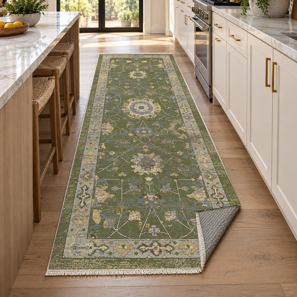 Ushak Olive Classic Washable Rug — new york kitchen runner