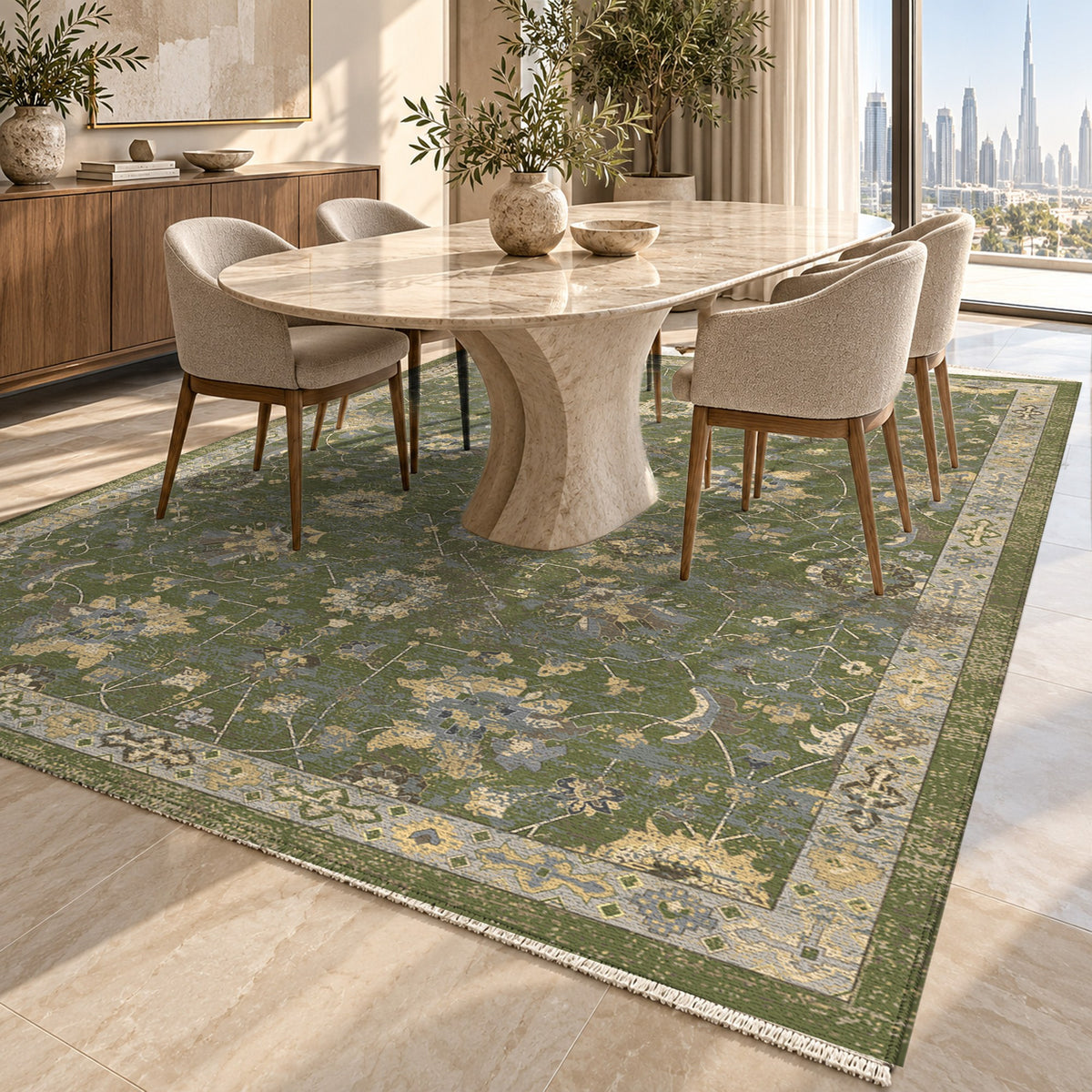 Ushak Olive Classic Washable Rug — dubai dining