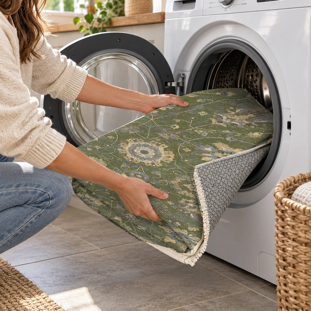 Ushak Olive Classic Washable Rug — washing machine