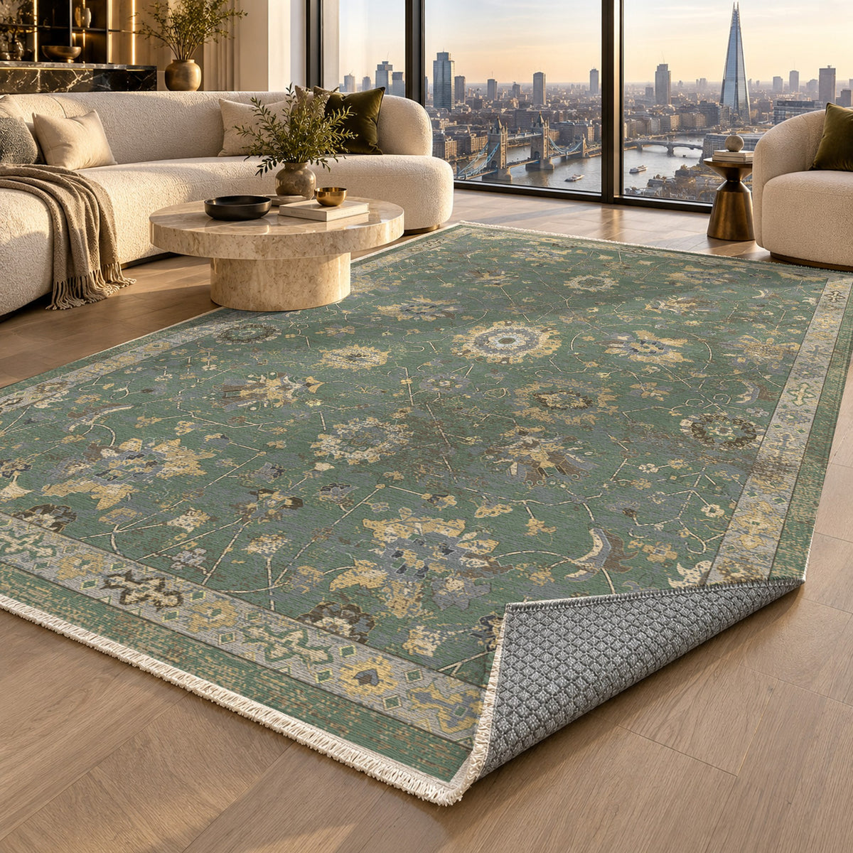 Ushak Sage Classic Washable Rug — london luxury living