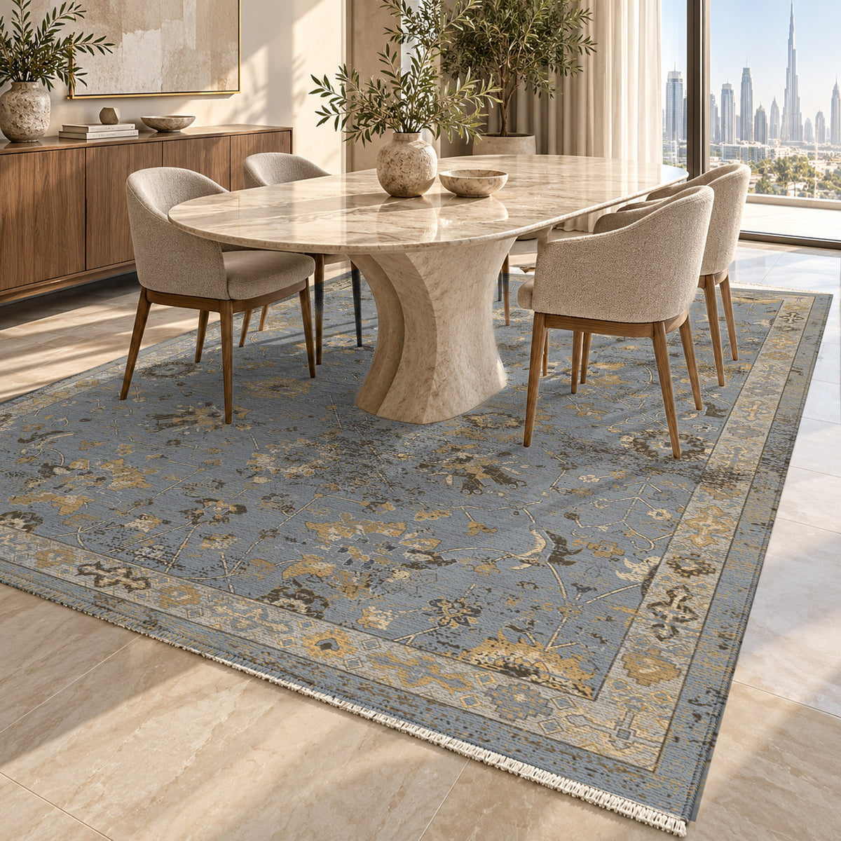 Ushak Silver Grey Classic Washable Rug — dubai dining