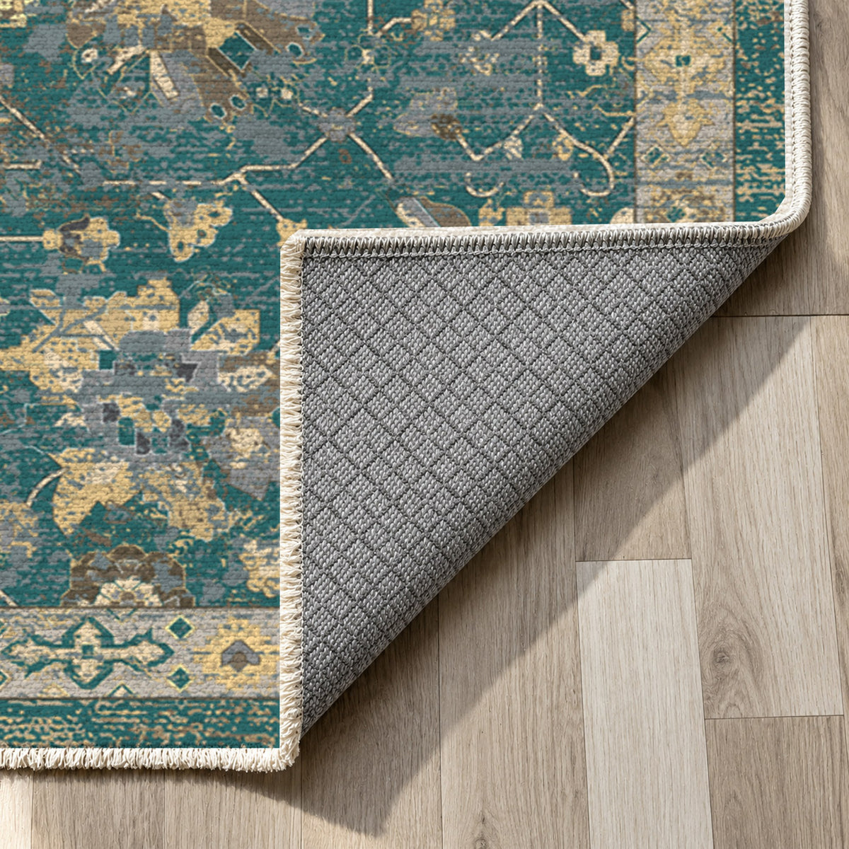 Ushak Teal Classic Washable Rug — backing close up