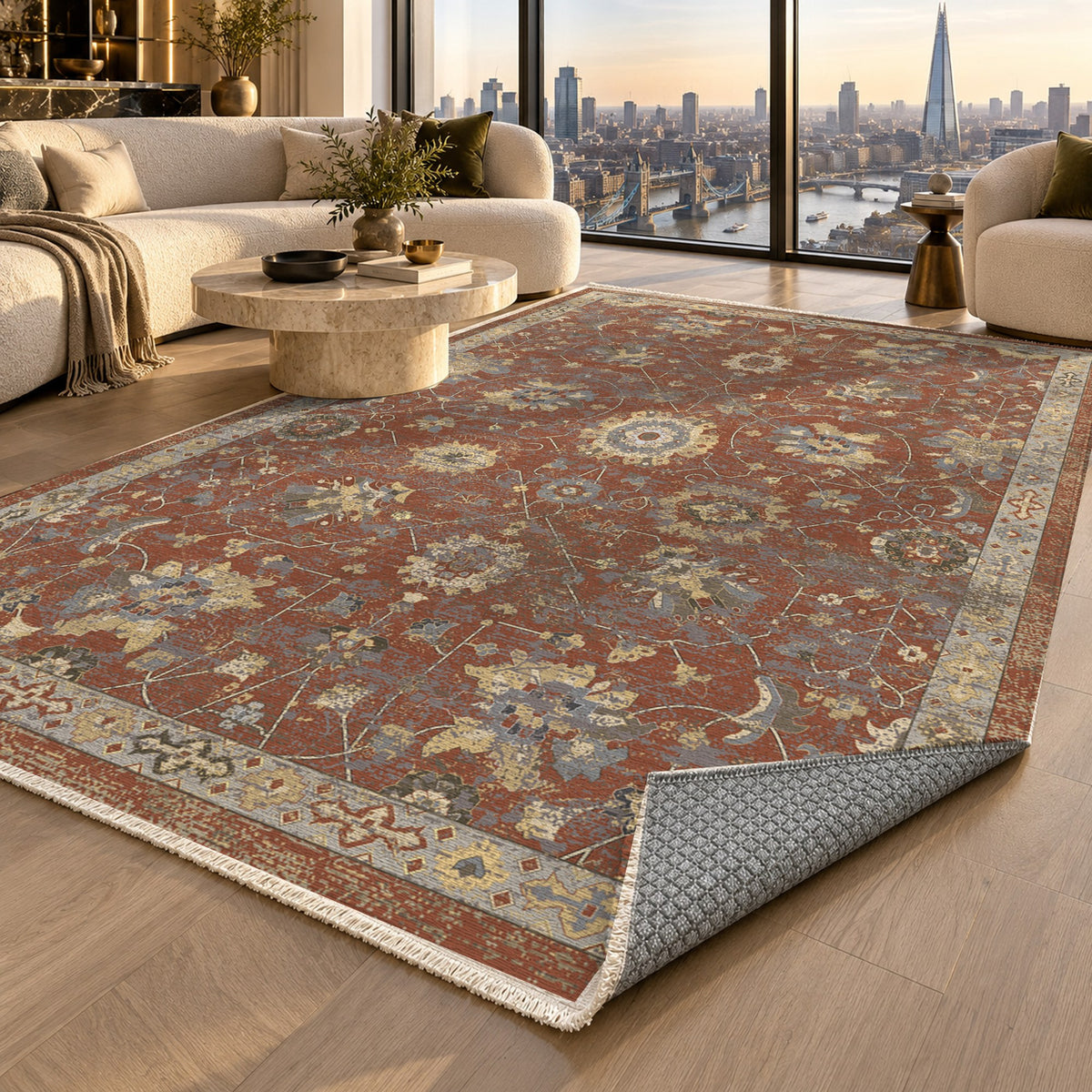 Ushak Terracotta Classic Washable Rug — london luxury living