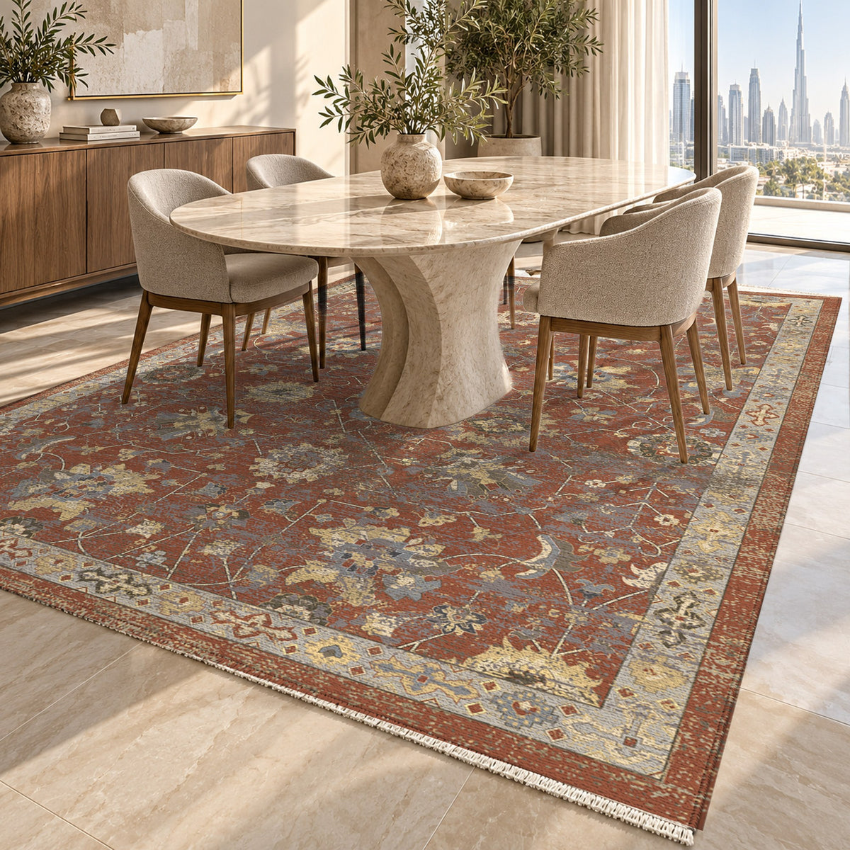 Ushak Terracotta Classic Washable Rug — dubai dining