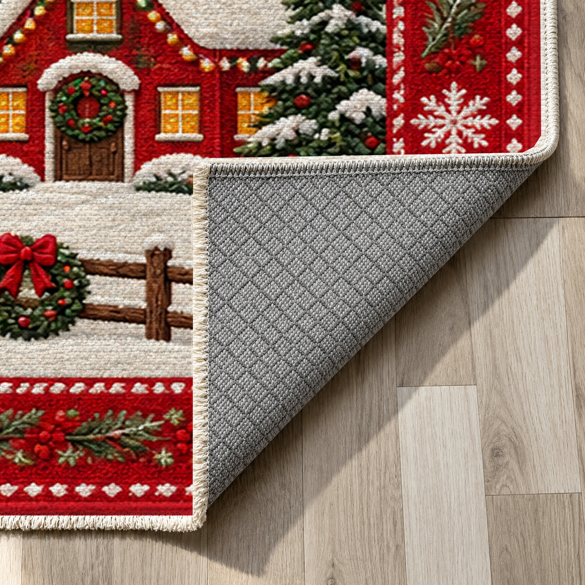 Village Crimson Washable Rug — backing close up