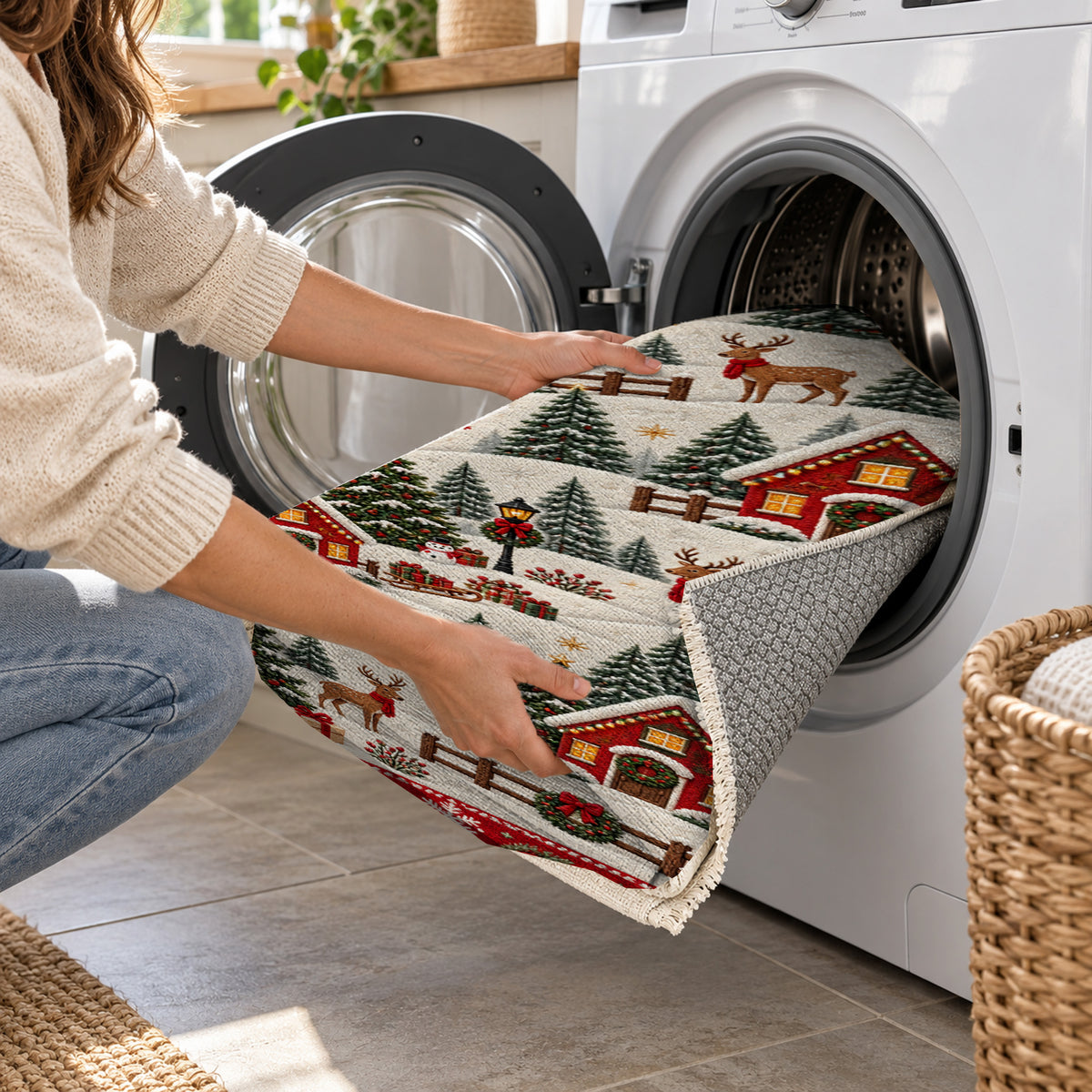 Village Crimson Washable Rug — washing machine