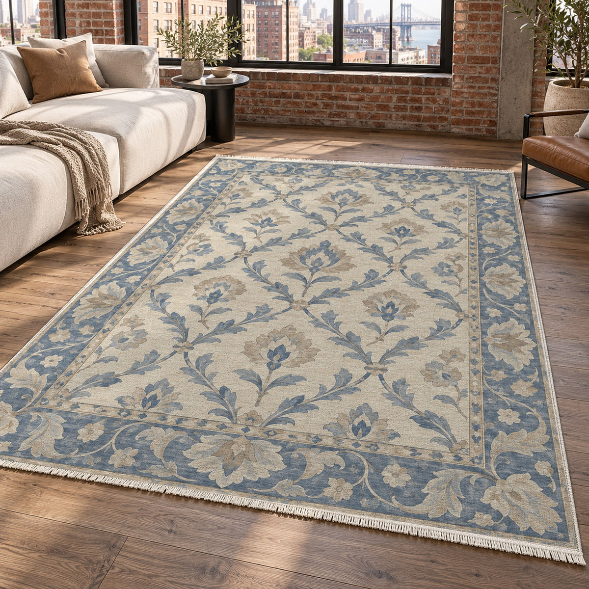 Vine Lattice Blue Ivory Classic Washable Rug — new york living