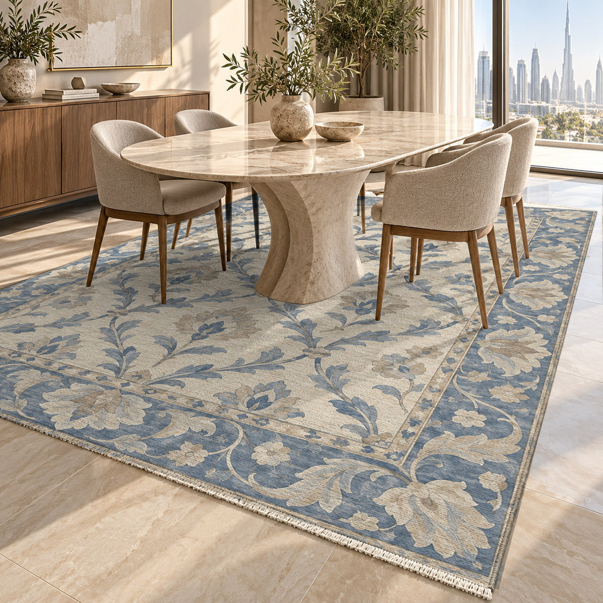 Vine Lattice Blue Ivory Classic Washable Rug — dubai dining