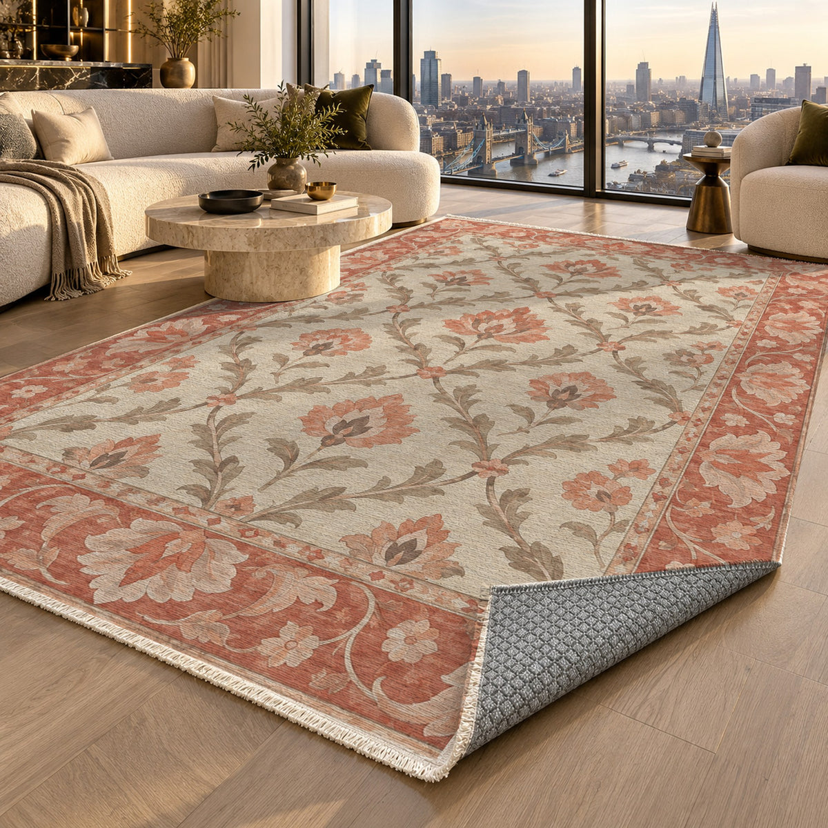 Vine Lattice Coral Sand Classic Washable Rug — london luxury living