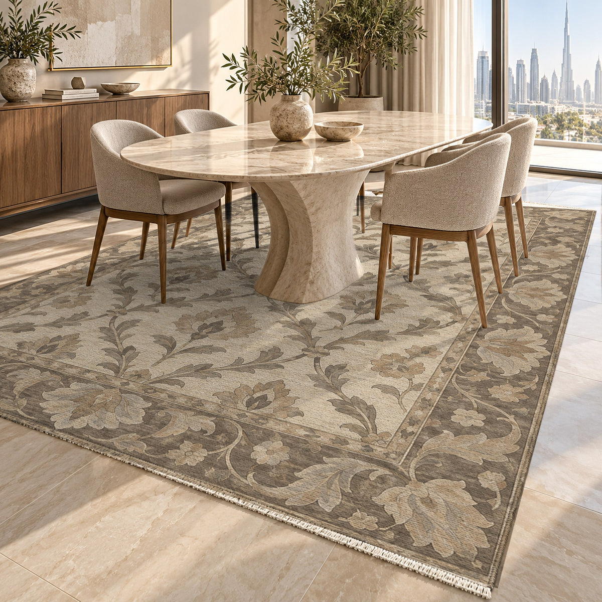 Vine Lattice Ivory Taupe Classic Washable Rug — dubai dining
