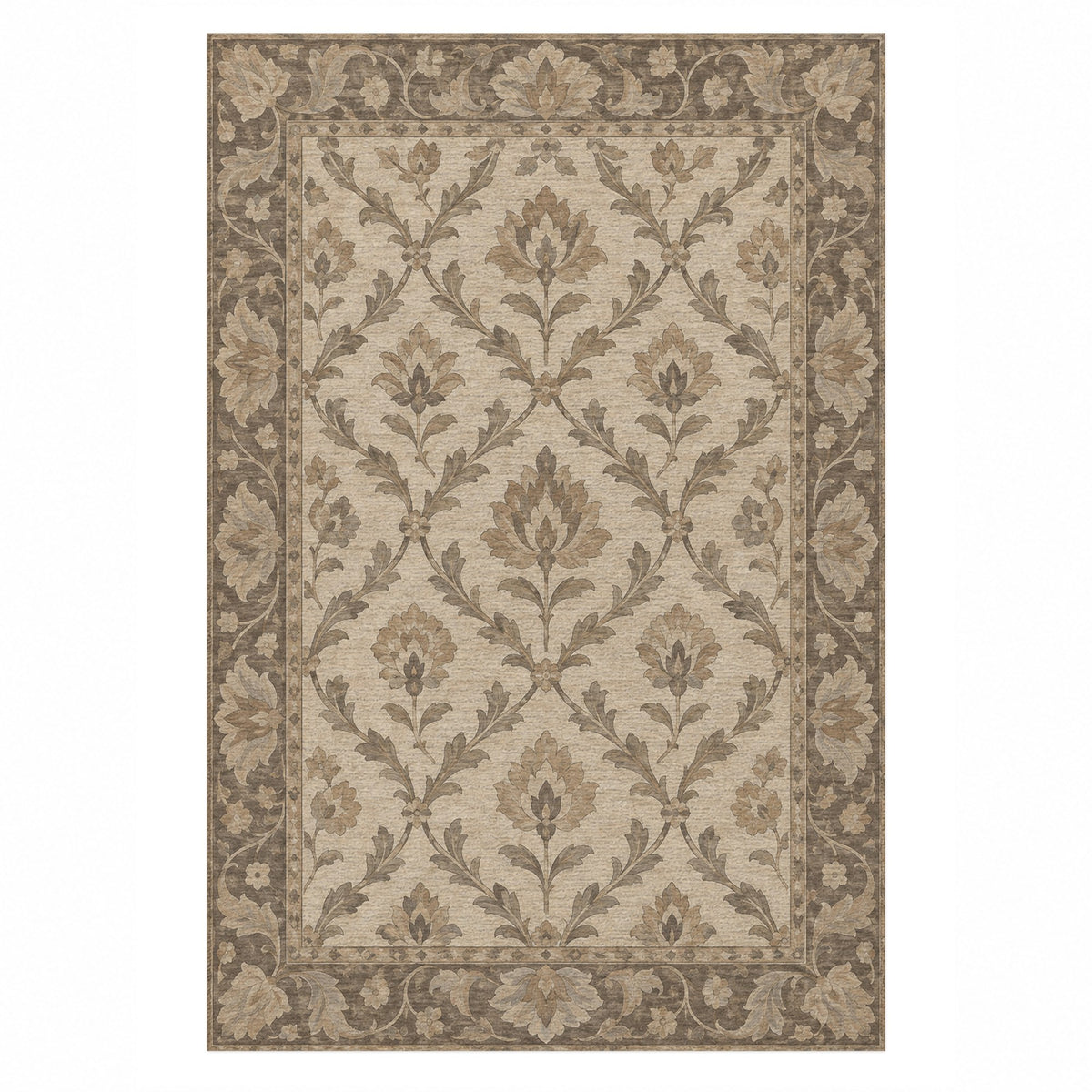 Vine Lattice Ivory Taupe Classic Washable Rug — top view