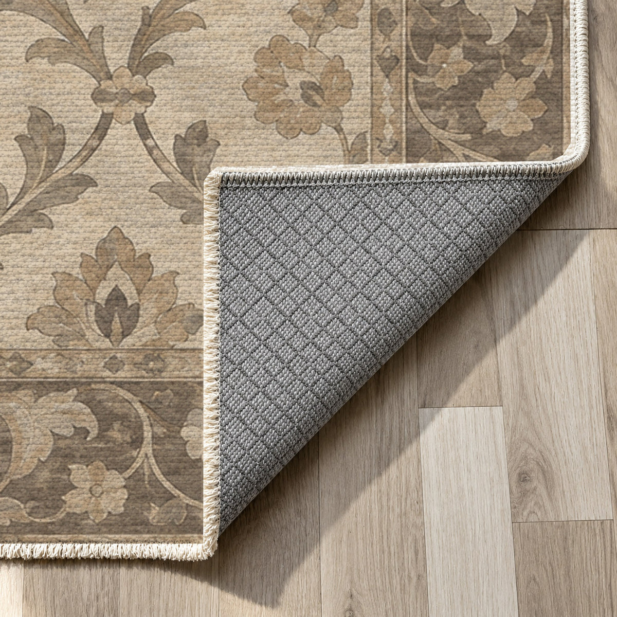 Vine Lattice Ivory Taupe Classic Washable Rug — backing close up