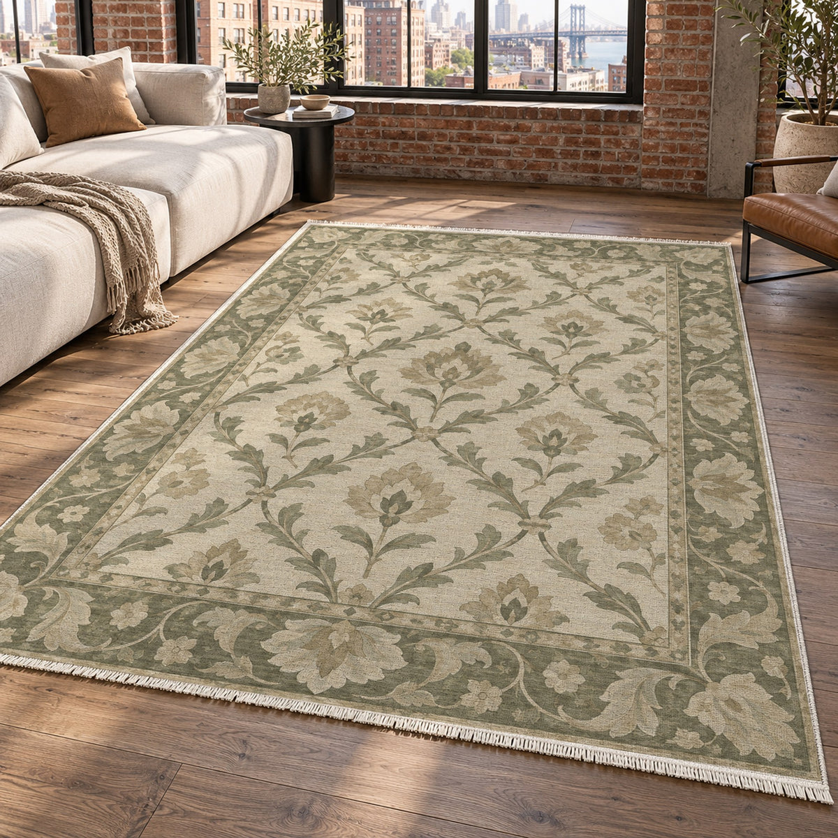 Vine Lattice Sage Cream Classic Washable Rug — new york living