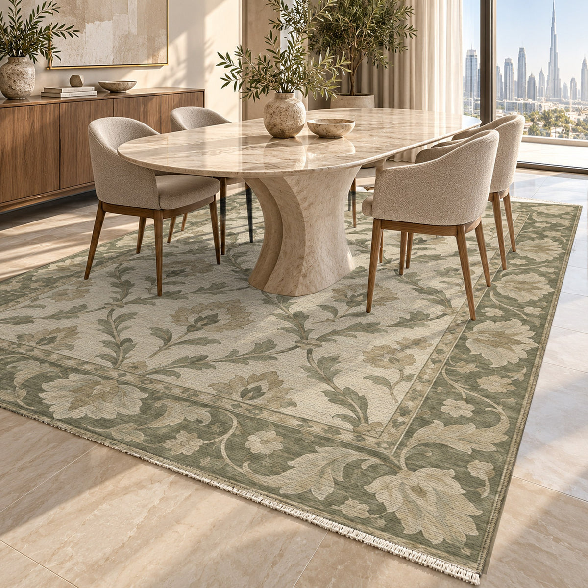 Vine Lattice Sage Cream Classic Washable Rug — dubai dining