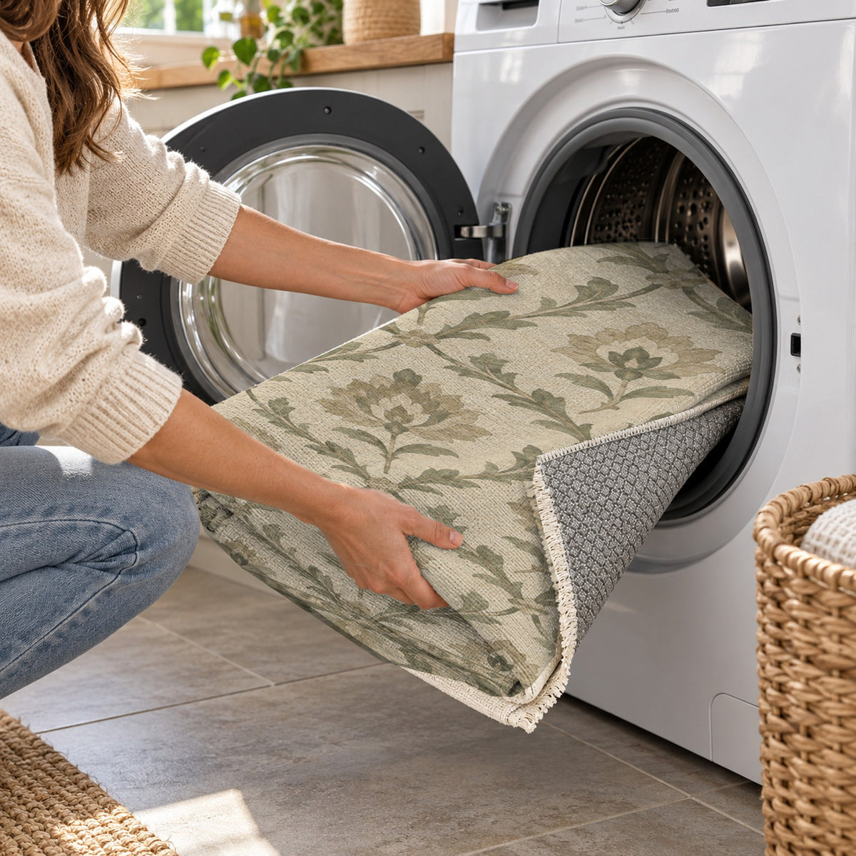 Vine Lattice Sage Cream Classic Washable Rug — washing machine