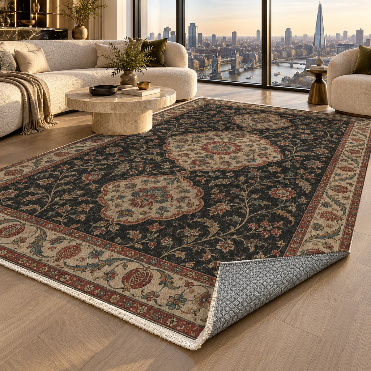 Vintage Bloom Black Washable Rug — london luxury living
