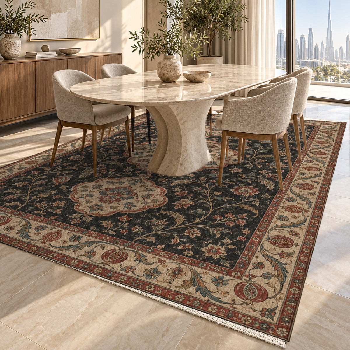 Vintage Bloom Black Washable Rug — dubai dining