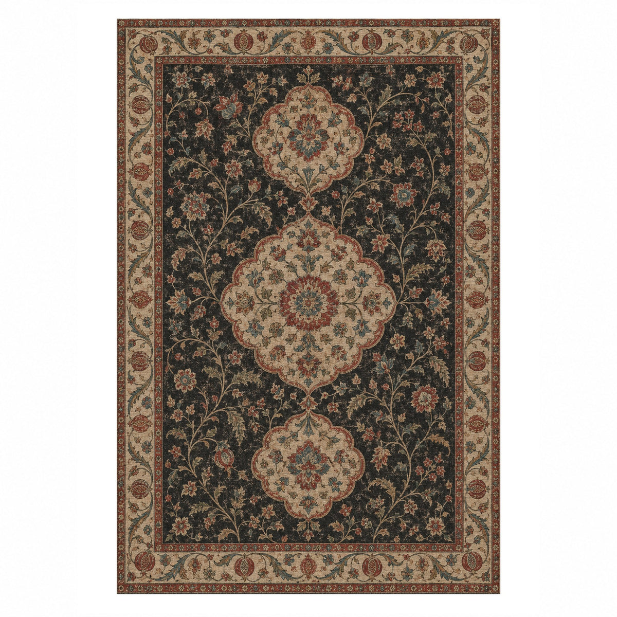 Vintage Bloom Black Washable Rug — top view