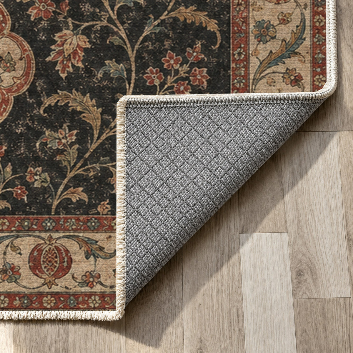 Vintage Bloom Black Washable Rug — backing close up