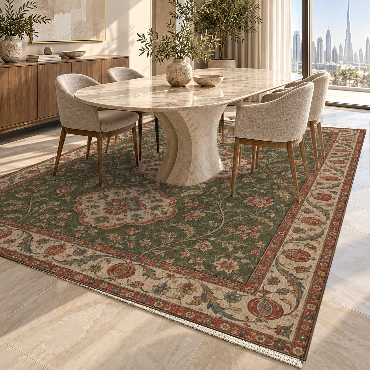 Vintage Bloom Khaki Green Washable Rug — dubai dining