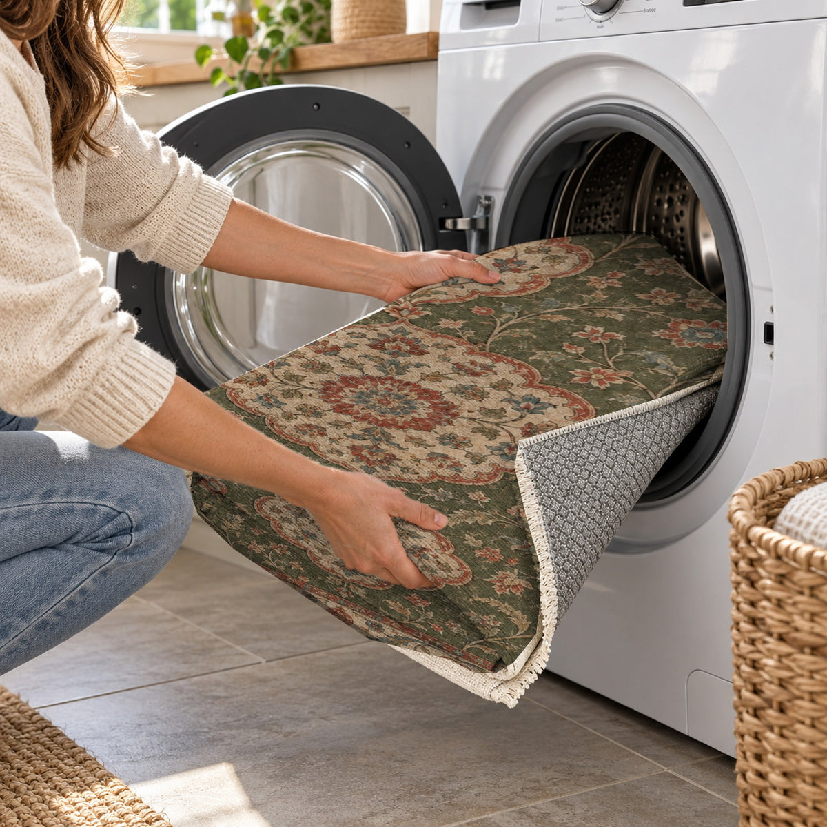 Vintage Bloom Khaki Green Washable Rug — washing machine