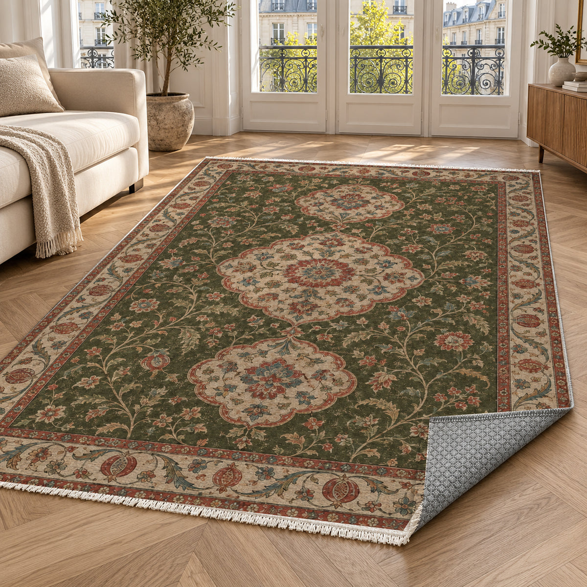 Vintage Bloom Olive Green Washable Rug — paris living