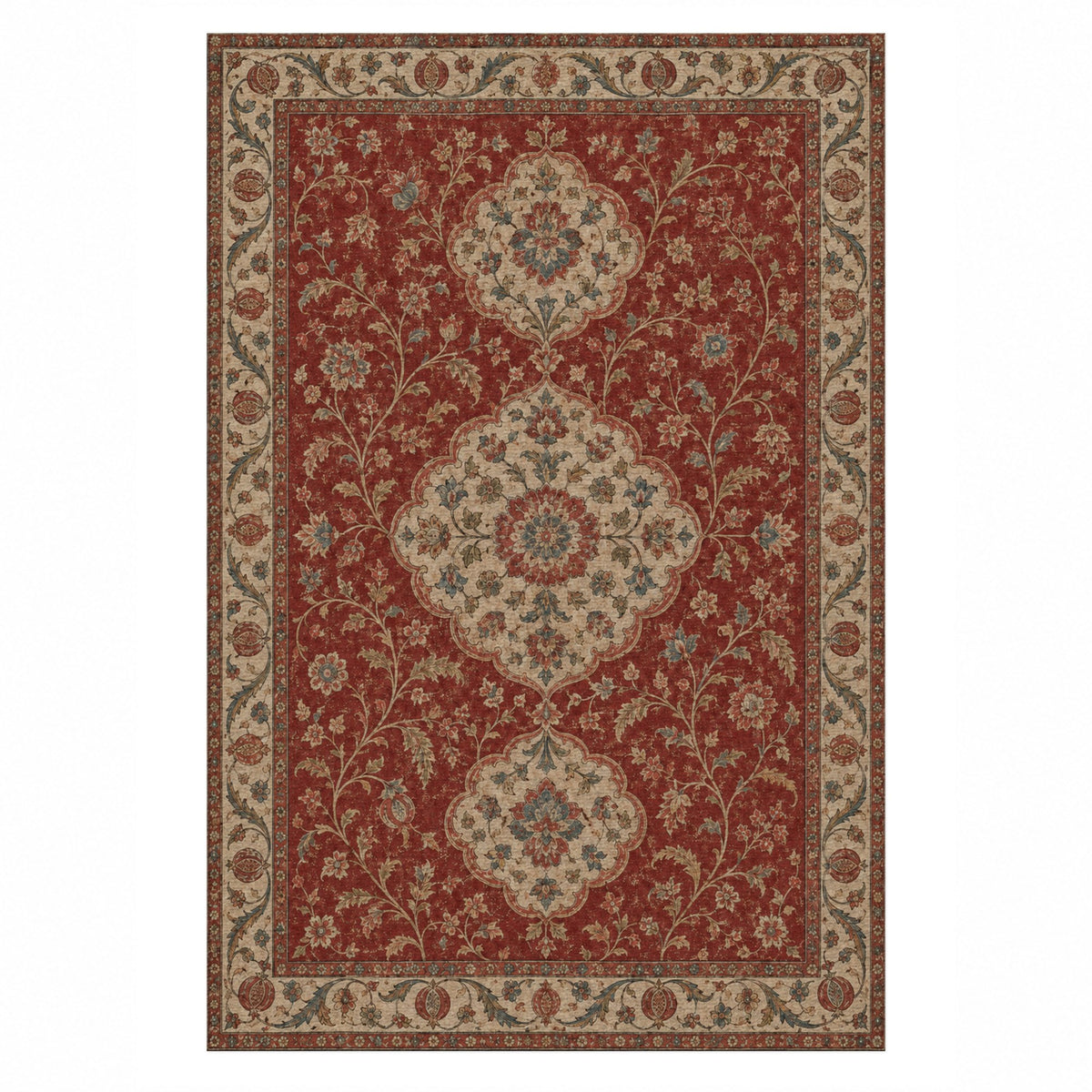 Vintage Bloom Red Washable Rug — top view