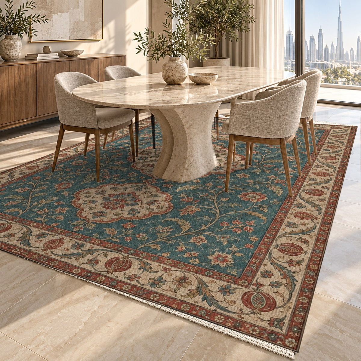Vintage Bloom Turquoise Washable Rug — dubai dining
