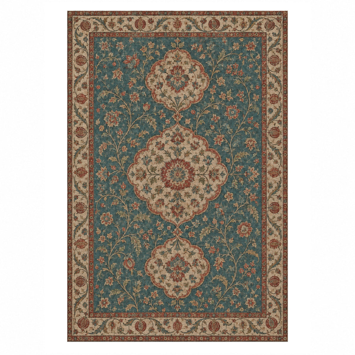 Vintage Bloom Turquoise Washable Rug — top view