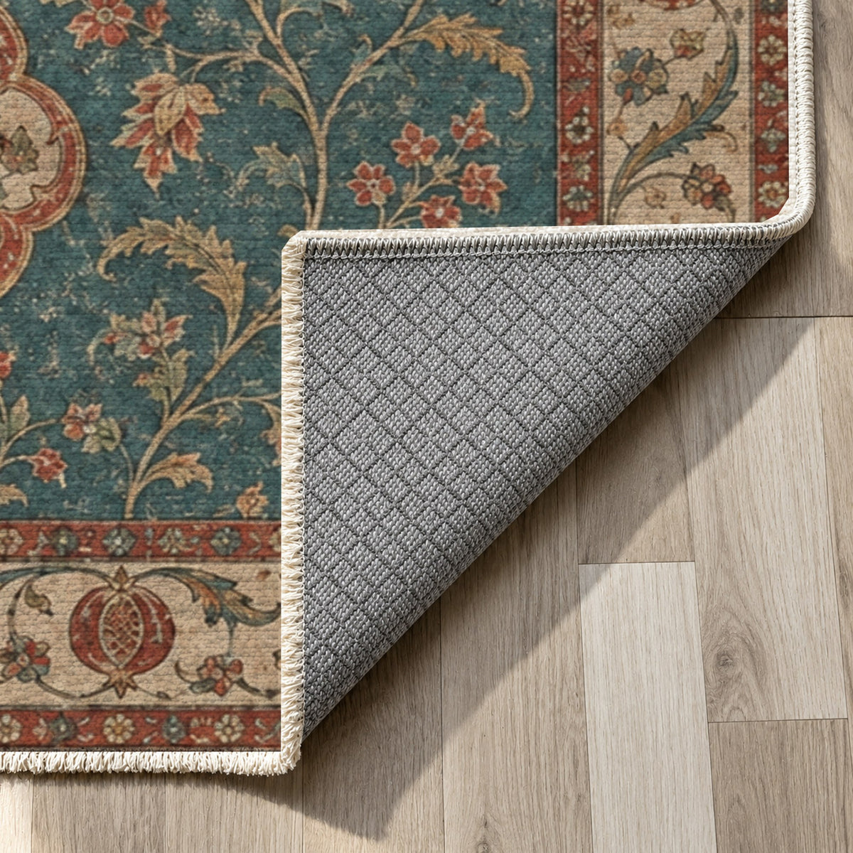 Vintage Bloom Turquoise Washable Rug — backing close up