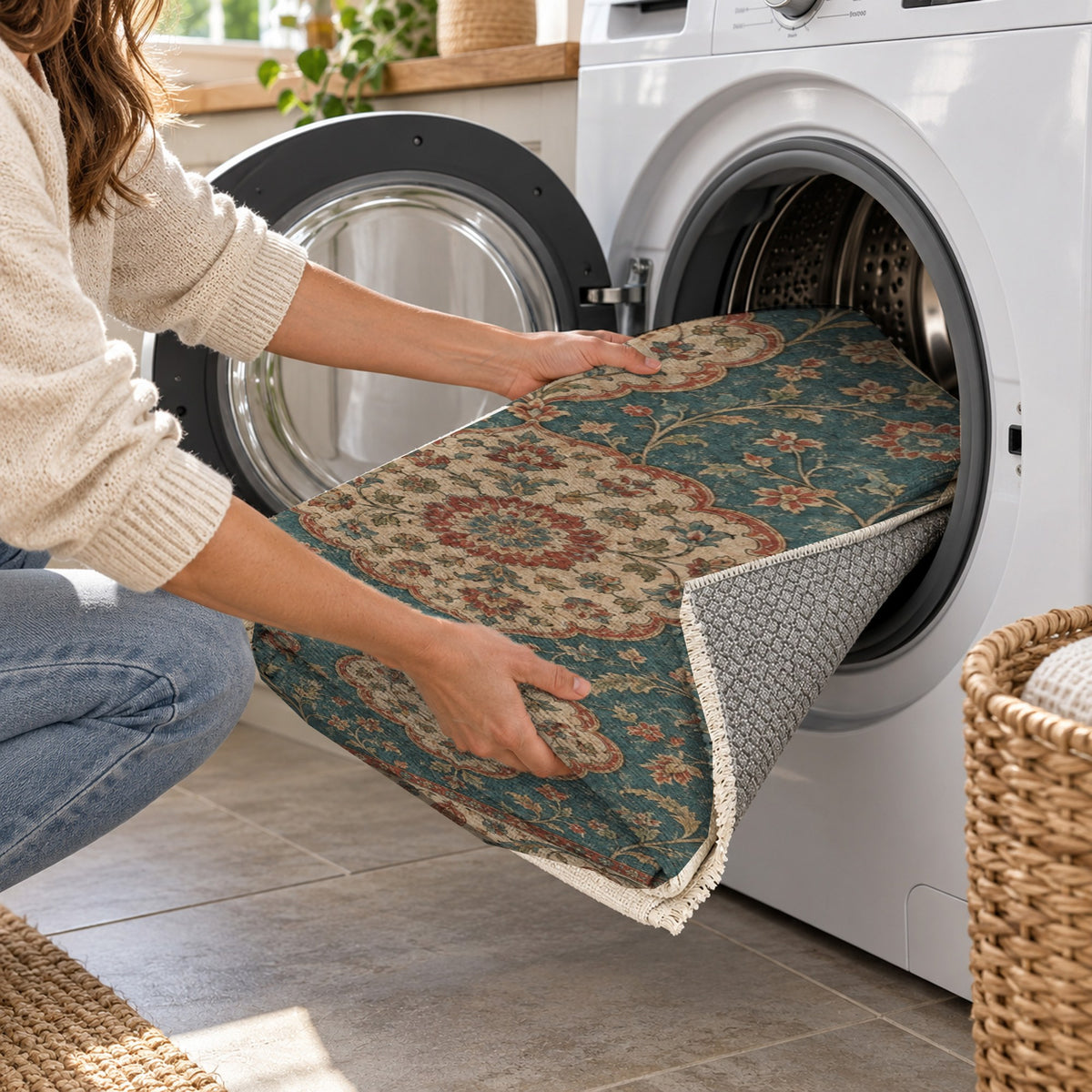 Vintage Bloom Turquoise Washable Rug — washing machine